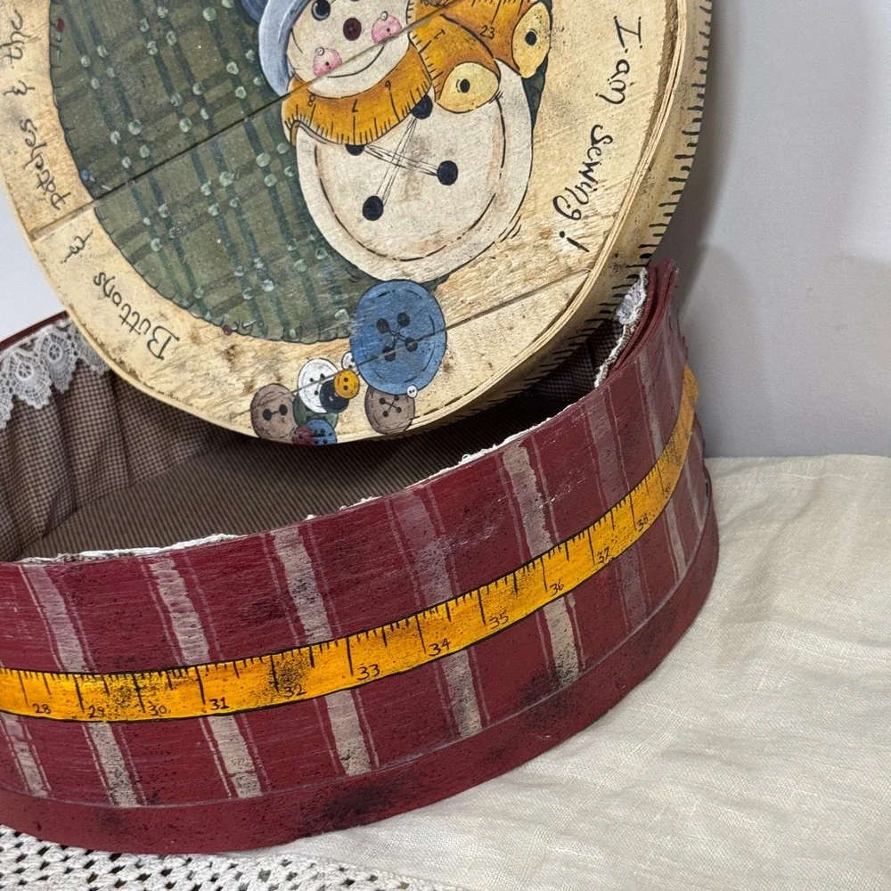 Primitive Hand Painted Wooden Snowman Sewing Box Round 15x5.5 Rustic Folk Art